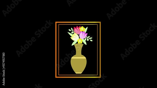 Animated illustration of a flower vase with a frame. Animation of colorful flowers in a vase. Floral arrangements for designs such as invitations and posters.