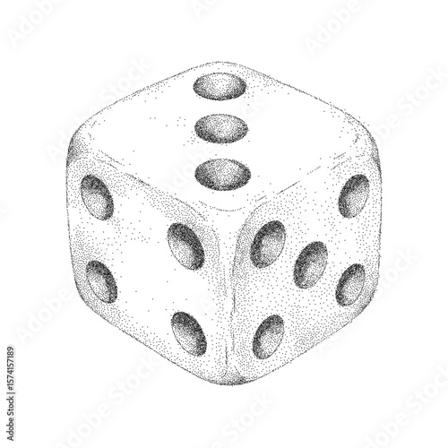 White die with black dots on it. Retro pop art stipple sketch, paper photocopy texture, threshold.
