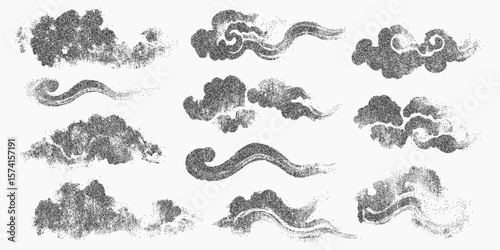 Set of clouds with a variety of shapes and sizes. Retro pop art stipple sketch, paper photocopy texture, threshold.
