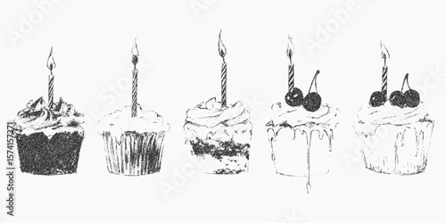Five cupcakes with candles on them, decorated with cherries. Retro pop art stipple sketch, paper photocopy texture, threshold.