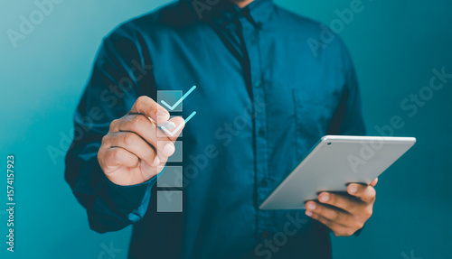 Concept Customer Question Answer Survey Online. Businessman using Stylus pen and tablet do digital online checklist survey, Questionnaire with checkboxes.Rating, Customer Satisfaction.