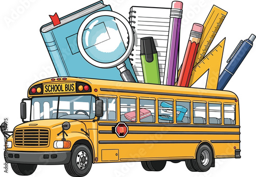 Cartoon school bus filled with school supplies on a white isolated background