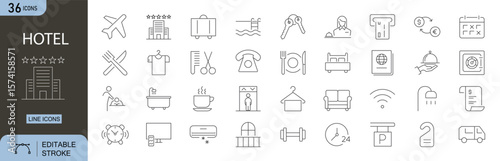 Hotel Editable Line Icons Set. Includes icons for room service, swimming pool, luggage, bed, gym, parking, and Wi-Fi.  Perfect for  travel, and hotel booking related infographic use. Editable stroke.