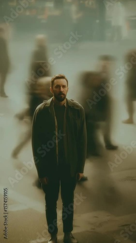 Man Standing Still in Crowd While People Blur Past in Motion
