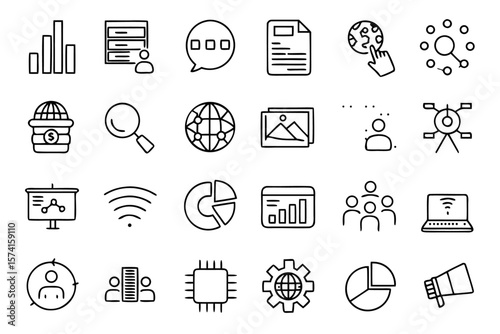 Comprehensive collection of clean modern line graphics representing news and information dissemination suitable for digital media and print applications