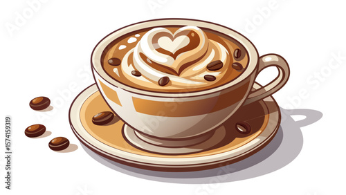 The smooth surface of the cappuccino glows with heart-shaped milk art, served in a minimalist clear mug. A sprinkle of chocolate shavings adds contrast on the white background.