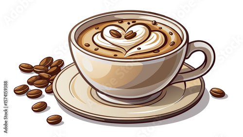 The smooth surface of the cappuccino glows with heart-shaped milk art, served in a minimalist clear mug. A sprinkle of chocolate shavings adds contrast on the white background.