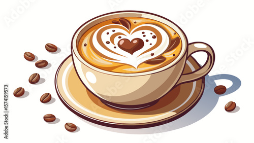 The smooth surface of the cappuccino glows with heart-shaped milk art, served in a minimalist clear mug. A sprinkle of chocolate shavings adds contrast on the white background.
