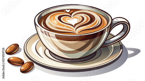 The smooth surface of the cappuccino glows with heart-shaped milk art, served in a minimalist clear mug. A sprinkle of chocolate shavings adds contrast on the white background.