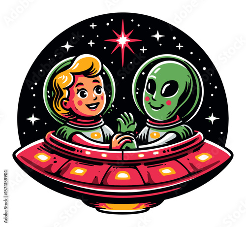 Cartoon Aliens and Astronauts Shaking Hands Under UFO in Retro Style