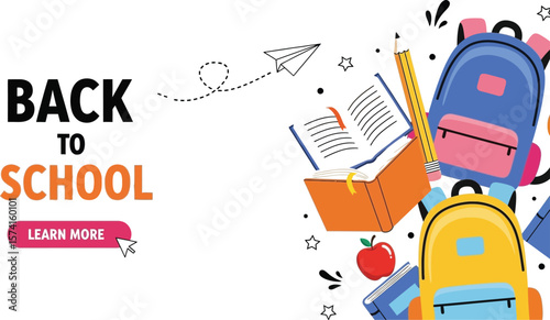 Back to school banner with backpacks books pencil and paper airplane design