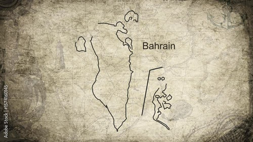 Bahrain map drawn on a cartography background sheet of paper