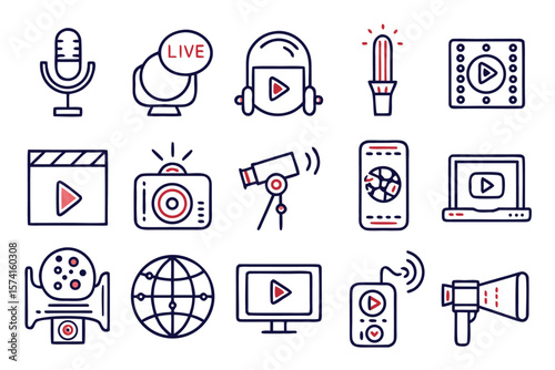 Collection of clean modern linear symbols representing live broadcasting media playback and digital communication elements perfect for web and app interfaces presented in a versatile color palette