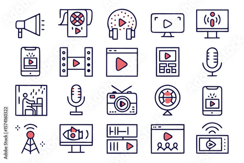 Collection of linear broadcast icons for digital media platforms featuring essential symbols for live broadcasting and communication rendered in vibrant cmyk colors for professional use