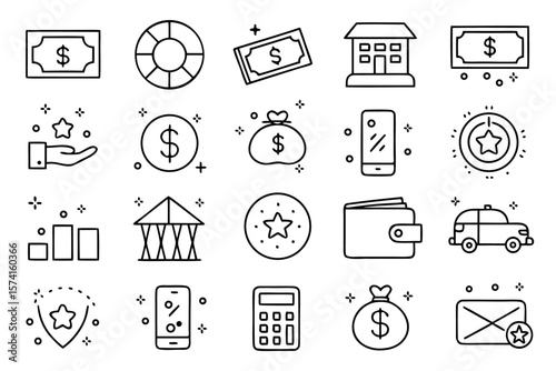 Comprehensive collection of clean modern line style symbols representing financial concepts such as loans credit banking and investments for digital interfaces and branding
