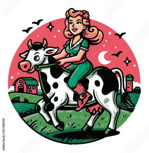 Cartoon Cowgirl Riding a Cow with Farm Background and Colorful Sky