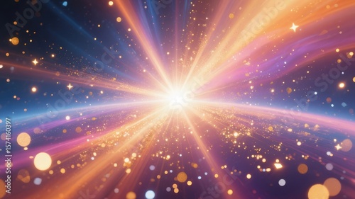 An abstract and vibrant background featuring a powerful explosion of light with glowing particles and colorful bokeh effects.