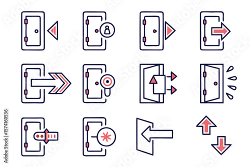 Collection of essential user interface symbols for system access and departure featuring clear entry and exit controls for digital platforms and applications