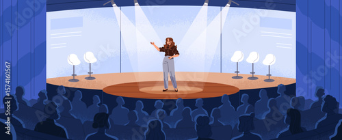 Public speaking. Speaker's entrance on stage. Performer is presenting lecture to audience. Happy young woman with headset is in performance. TV show host talks on scene. Flat vector illustration
