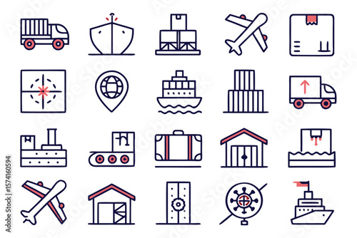 Collection of minimalist outline graphics representing various aspects of shipping delivery and transportation services for modern business applications
