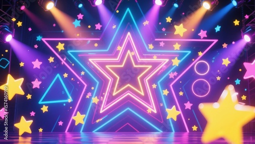 A fun and vibrant cartoon party background with a large neon star, spotlights, and colorful decorations for celebration.