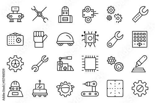 Comprehensive collection of industrial symbols and technological elements featuring clean outlines and a vibrant four color palette for diverse applications