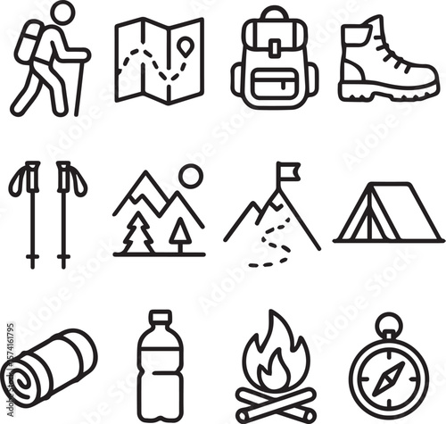 Hiking Line Icons Pack | Minimalist Outdoor Adventure Symbol Set | Camping Trekking Vector Collection