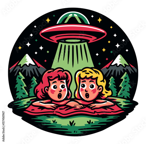 Cartoon Characters Observing UFO in a Whimsical Landscape at Night