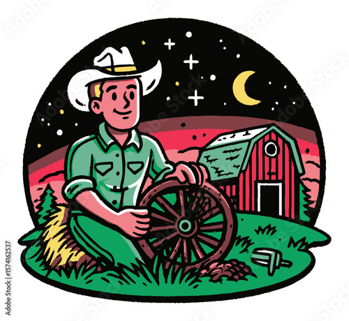 Cartoon Cowboy Working on Wagon Wheel Near Barn Under Starry Night Sky