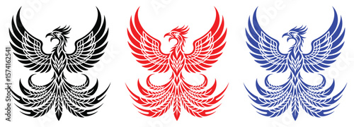 Stylized Phoenix Bird Mascot in Tribal Tattoo Style Vector Illustration Set