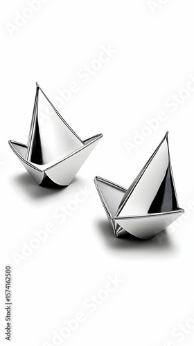 Origami-style silver boat salt and pepper shakers on white background; nautical home decor