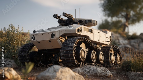 Autonomous black robotic vehicle with tracked wheels climbing a rocky terrain in a mountainous environment.