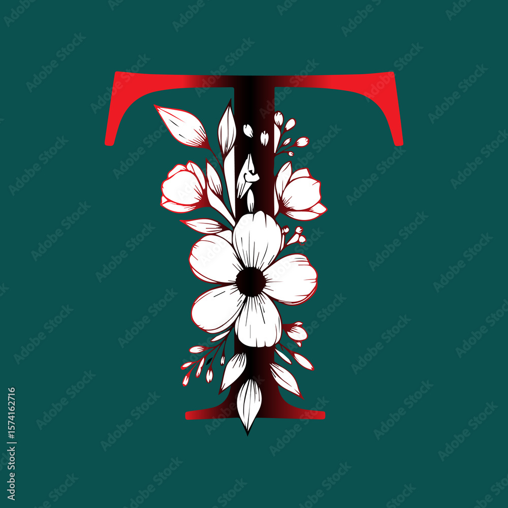 Obraz premium Elegant Floral Letter T Design with Red Gradient and White Flowers on Dark Teal Background for Decoration