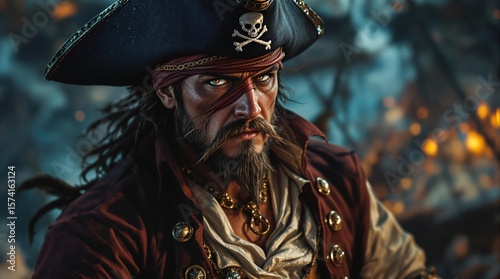 Intensely fierce pirate gazes forward; a tri-corner hat; a fiery wreckage background