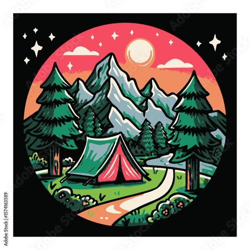 Vibrant Cartoon Camping Scene with Tent and Majestic Mountain View