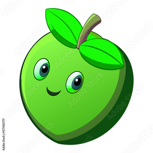 Cartoon green apple with happy face and leaves fruit