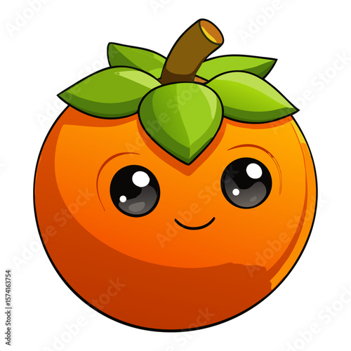 Cute cartoon persimmon with green leaves and stem fruit kawaii