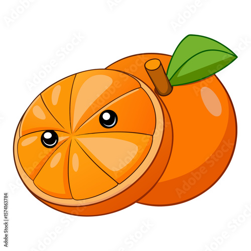 Cute cartoon orange with a slice showing segments and a green leaf fruit