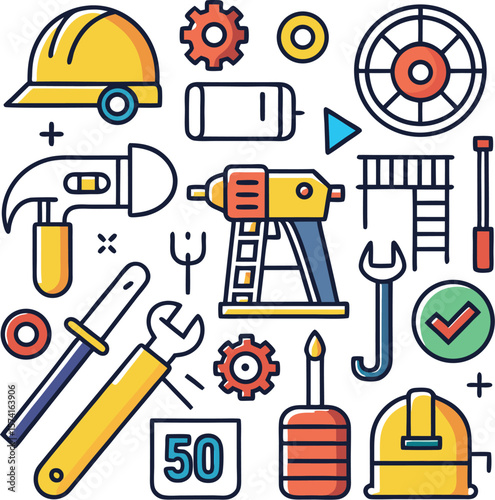 Set of construction and tools icons vector illustration showing hammer saw screwdriver spanner helmet and other equipment symbols