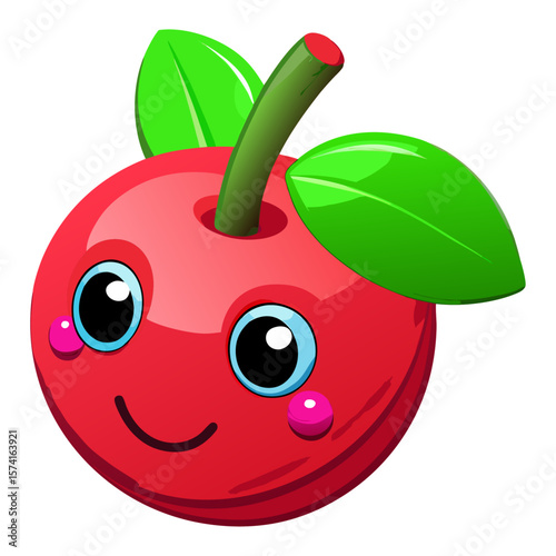 Happy red cherry with green leaves and stem fruit cartoon