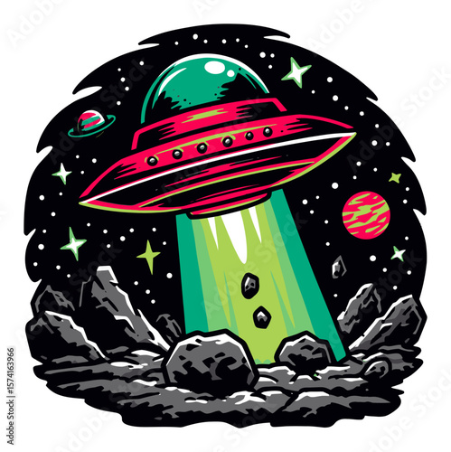 Colorful Cartoon UFO with Planets and Stars in a Vibrant Sci-Fi Landscape