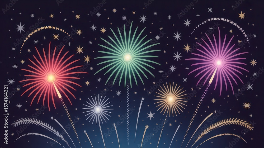 Fototapeta premium Festive fireworks display illuminating the dark night sky with sparkling stars