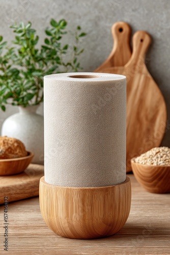 Eco-friendly kitchen decor: wooden towel holder with paper towels and natural elements