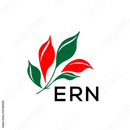 ERN Abstract Botanical Logo with Elegant Typography, ERN  Later Logo, Modern Nature Inspired Logo with Red and Green Leaves.
