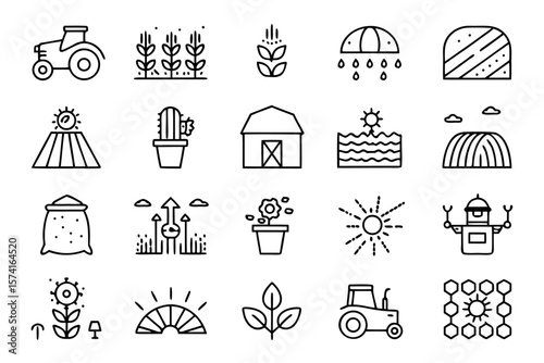 Comprehensive collection of modern agricultural and farming related symbols and emblems for digital and print applications featuring vibrant color palettes
