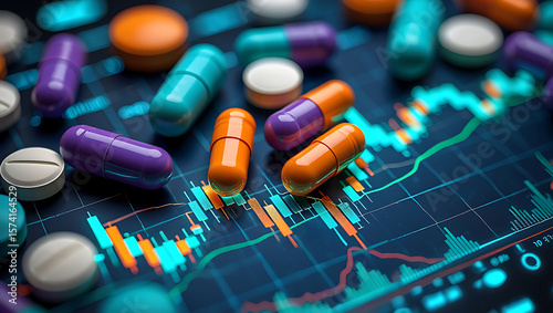 Pharmaceutical Stock Market: Vibrant Capsules on Dynamic Trading Chart