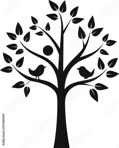 A tree with a bird's nest and small birds perched