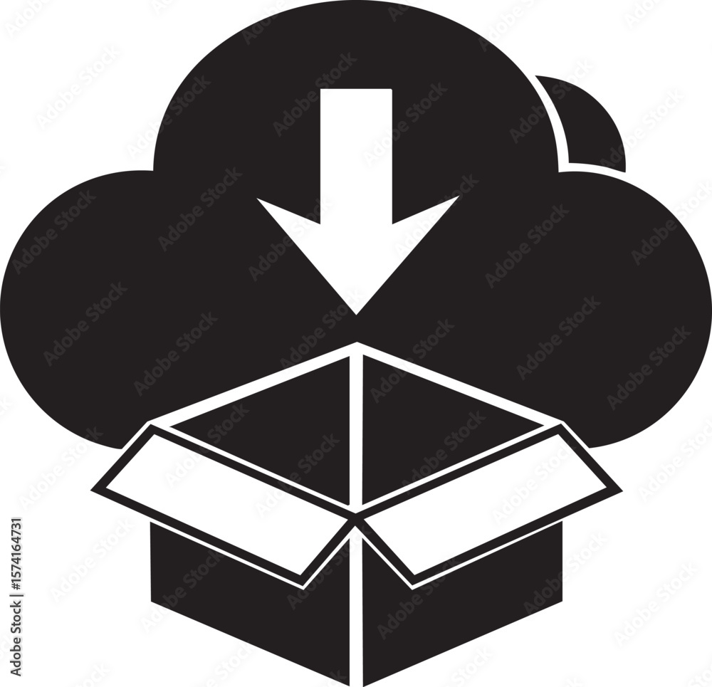 Obraz premium Cloud download into open box icon representing data transfer and storage isolated on transparent background