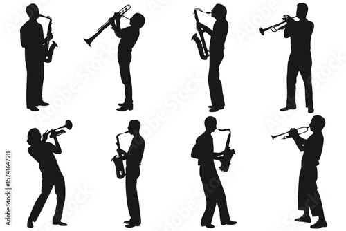 Silhouettes of Musicians Playing Instruments A Symphony of Sound and Artistic Expression in Musical Performance on a White Background