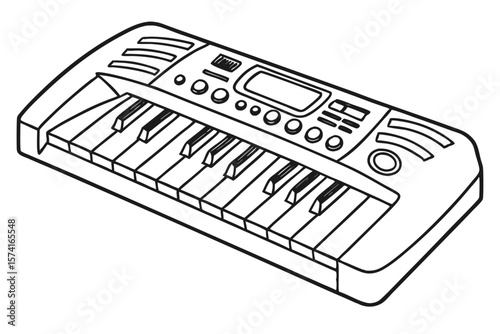 Simple Black and White Line Drawing of an Electronic Keyboard with Buttons and a Small Screen for Musical Exploration